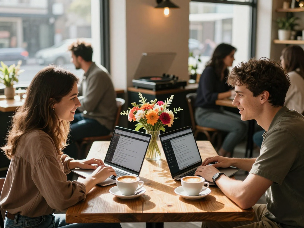 Young couple enjoying a conversation about F168 in a vibrant coffee shop.