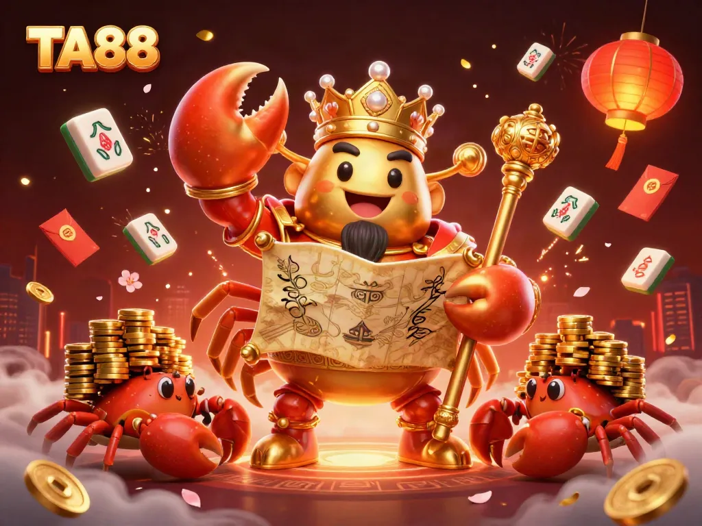 Engage with thrilling games at TA88 with a vibrant illustration showcasing a golden crab emperor and dynamic casino elements.