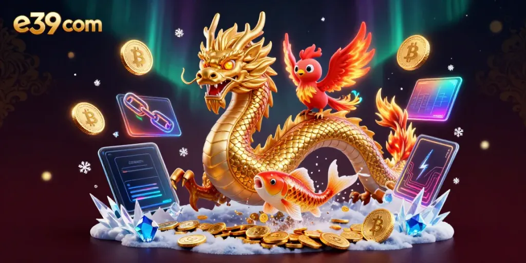 Engage in thrilling action at e39 com with a magical scene featuring a golden Chinese dragon and vibrant phoenix amidst coins.