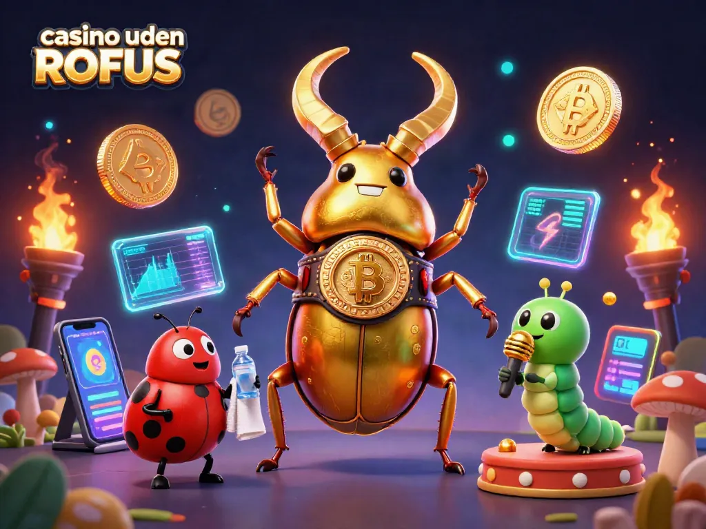 Play exciting games at casino uden ROFUS with a vibrant illustration showing animated characters and crypto elements.