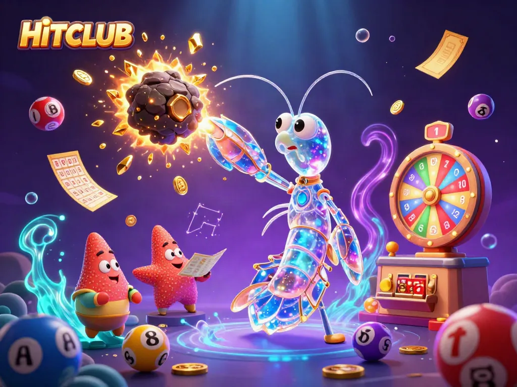 Experience the excitement of HITCLUB with a dynamic 3D illustration featuring vibrant games, big wins, and galactic adventures.