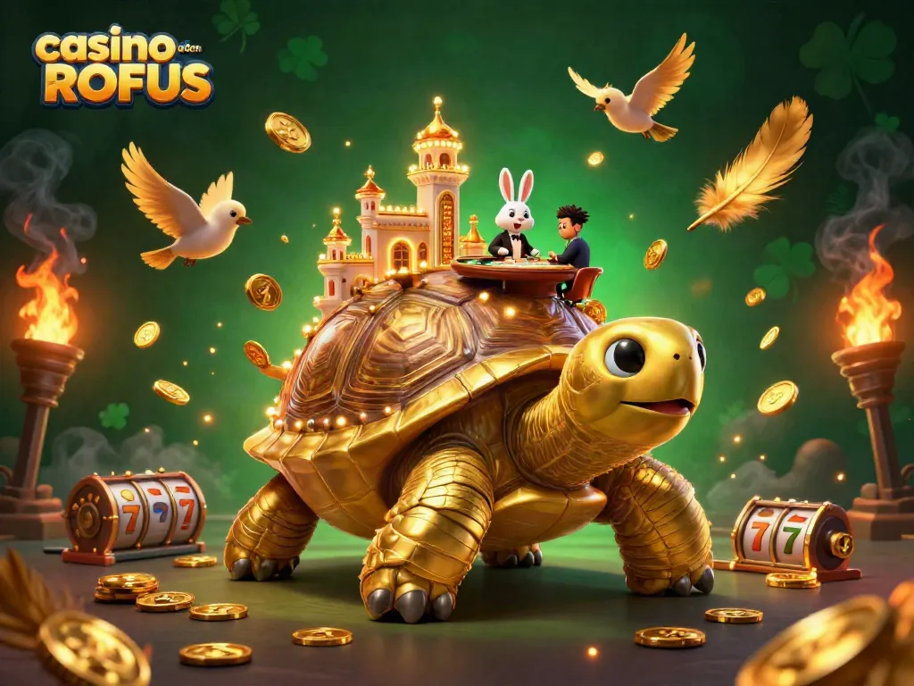 Engage with vibrant games at casino uden ROFUS featuring golden tortoise and rabbit dealer.