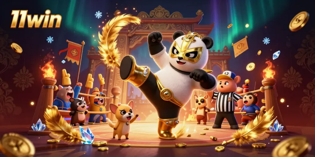 Experience thrilling action with 11win as a panda wrestler takes center stage in a vibrant casino arena.