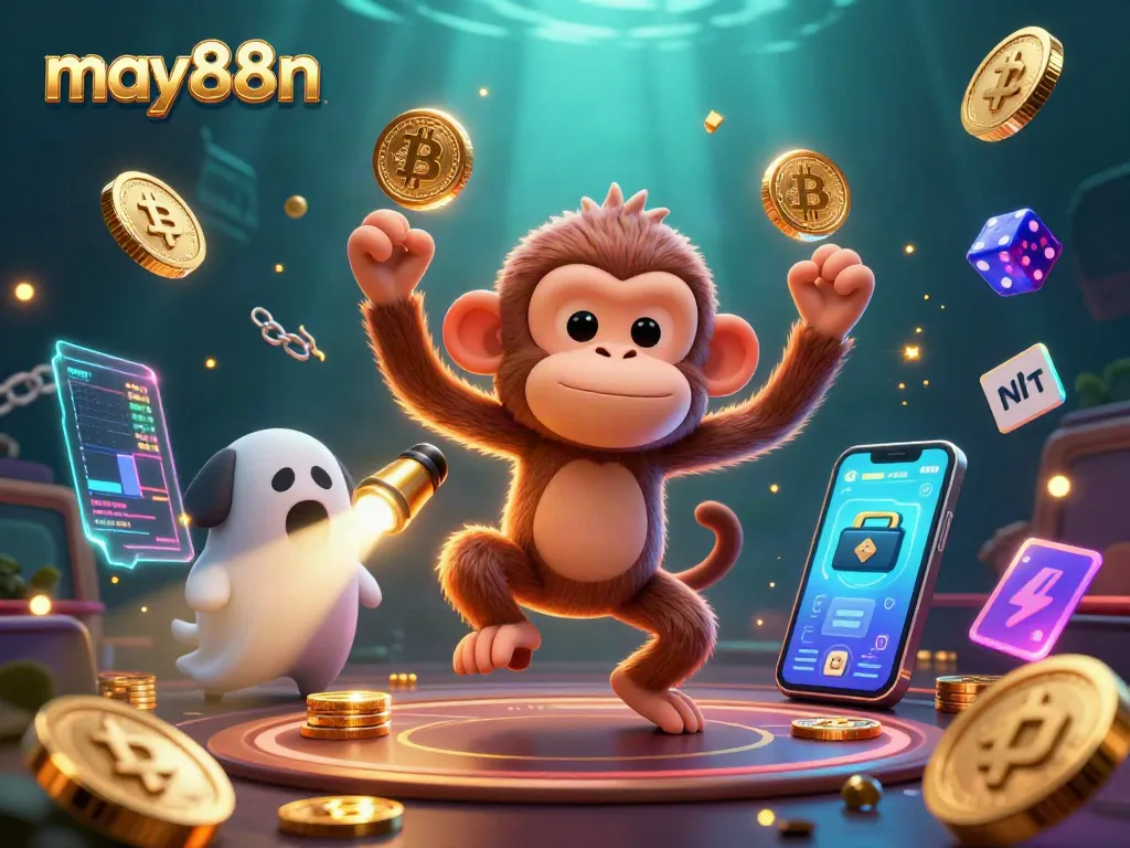 Experience the thrill of may88n with a playful poltergeist monkey and ghost-hunter puppy in a dynamic casino scene.