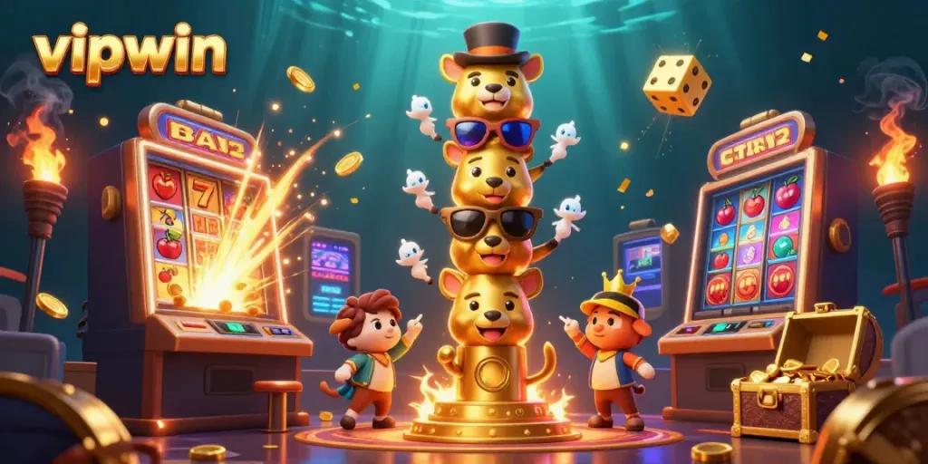 Experience the excitement of vipwin with a vibrant 3D scene showcasing a golden totem and jackpot elements.