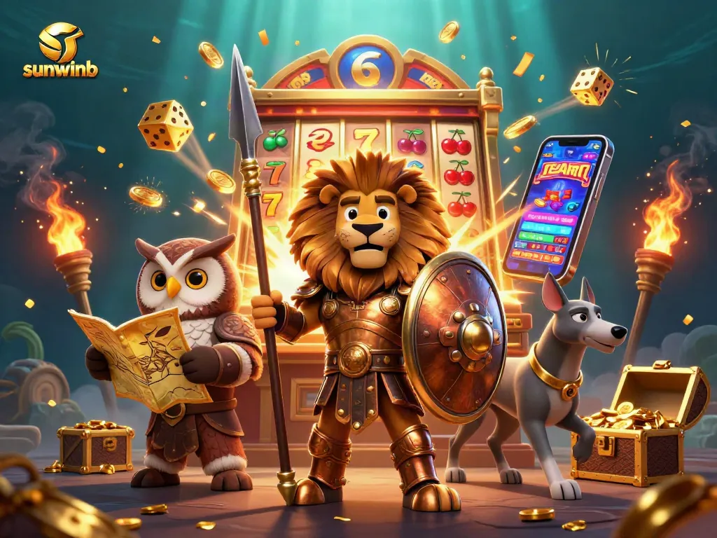 Experience the excitement of sunwinb as a Spartan lion battles for jackpots amidst a vibrant casino scene.