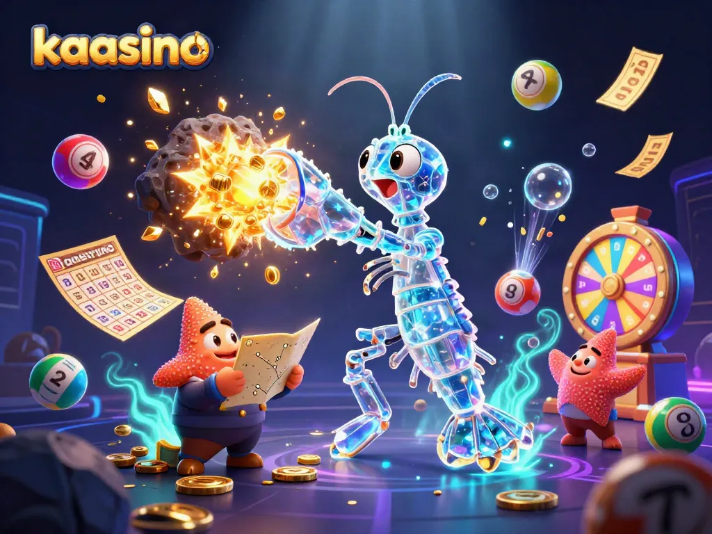 Kaasino: A vibrant 3D scene of a galactic mantis shrimp amid exploding treasure and colorful lottery elements.