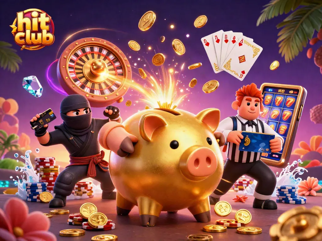 Engage in thrilling action with Hit Club's golden piggy bank and dynamic characters in a casino scene.