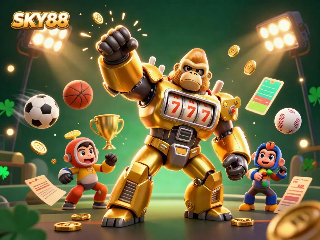 Experience thrilling gaming action with SKY88's dynamic golden gorilla mech and vibrant sports elements.