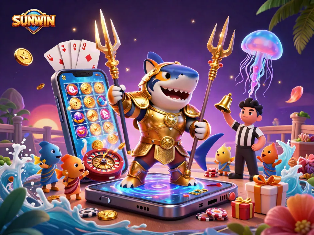 SUNWIN ignites excitement in a vibrant underwater colosseum with a fierce shark, colorful game elements, and dynamic action.