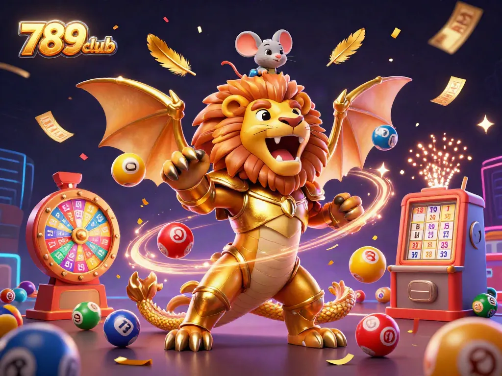 Engage with 789club's thrilling gambling experience featuring a chimera in golden armor, colorful lottery balls, and exciting game elements.