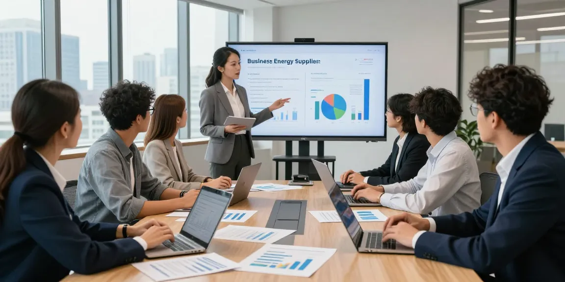 Professionals discussing the benefits to switch business energy in a modern office, enhancing collaboration and cost efficiency.