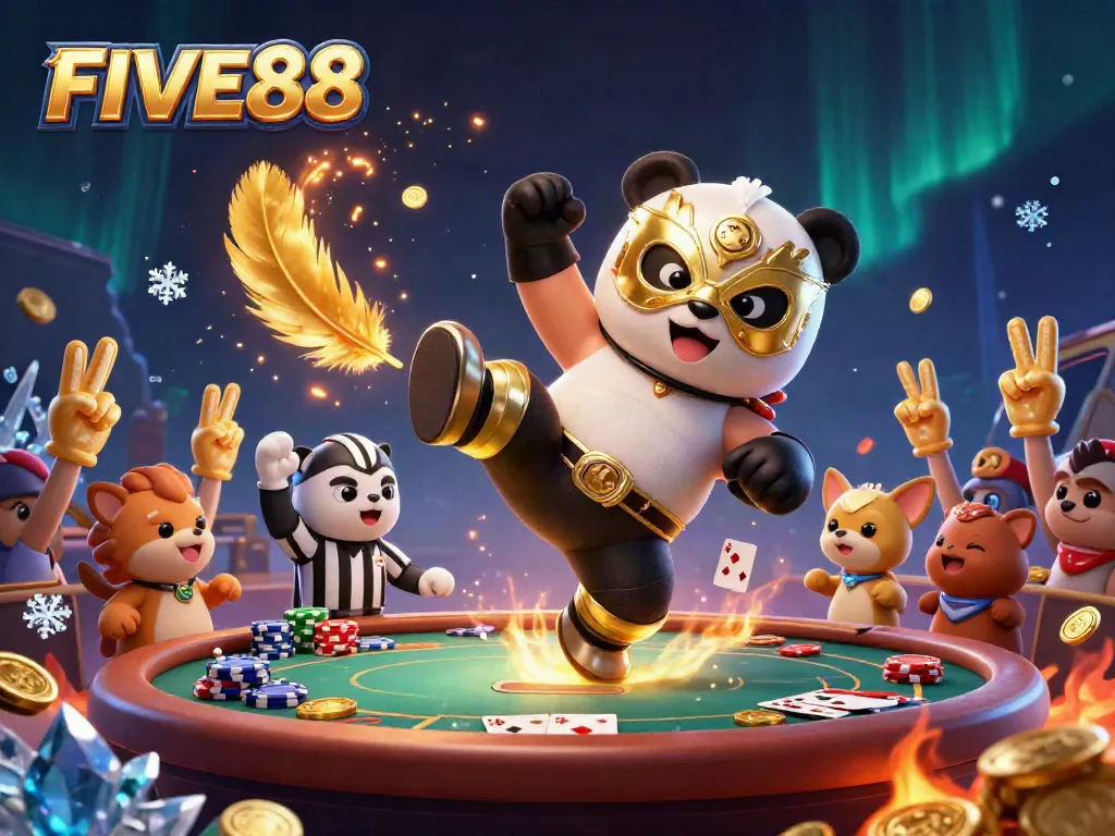 Join the fun with FIVE88 as a panda wrestler lands a flying kick in a vibrant casino scene!