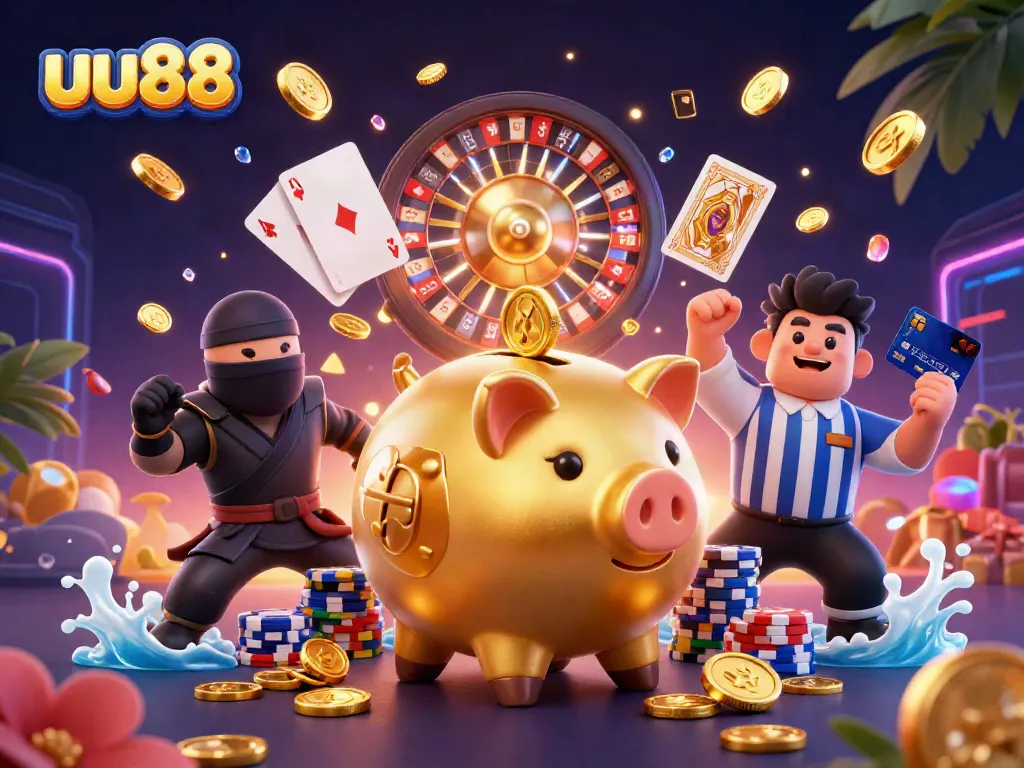 Join the fun at uu88 with vibrant 3D casino illustration featuring an energetic piggy bank wrestler.