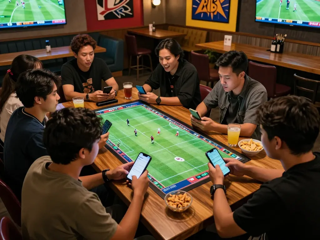Engaged friends analyzing kèo nhà cái odds while enjoying a football match at a sports bar