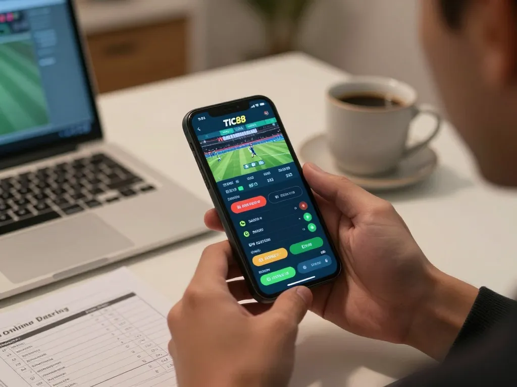 Tic88 user actively placing sports bets on mobile app in a cozy home setting.