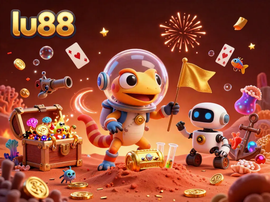 lu88 Martian gecko uncovers a golden casino with vibrant treasures in a colorful scene.