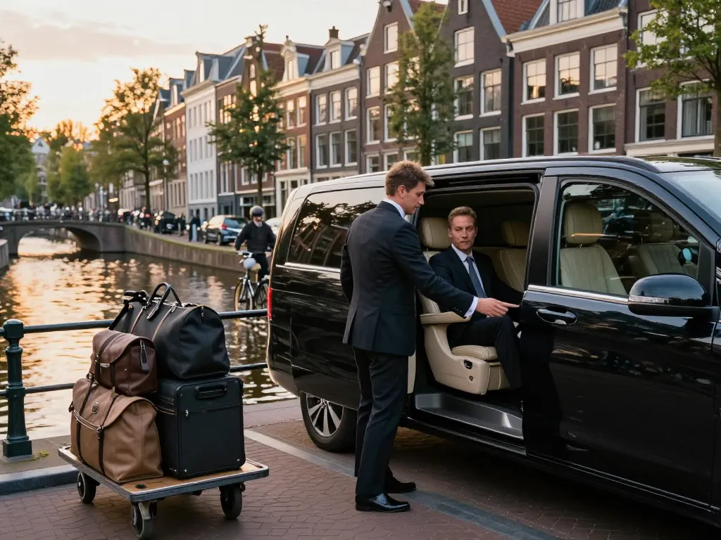 Ervaar de premium Taxi Amsterdam service met een professionele chauffeur in een luxueuze Mercedes in de levendige stad.