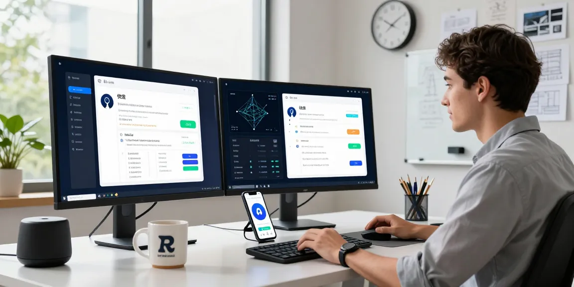 快连 application interface on multiple screens in a modern workspace, highlighting user experience design and networking performance.