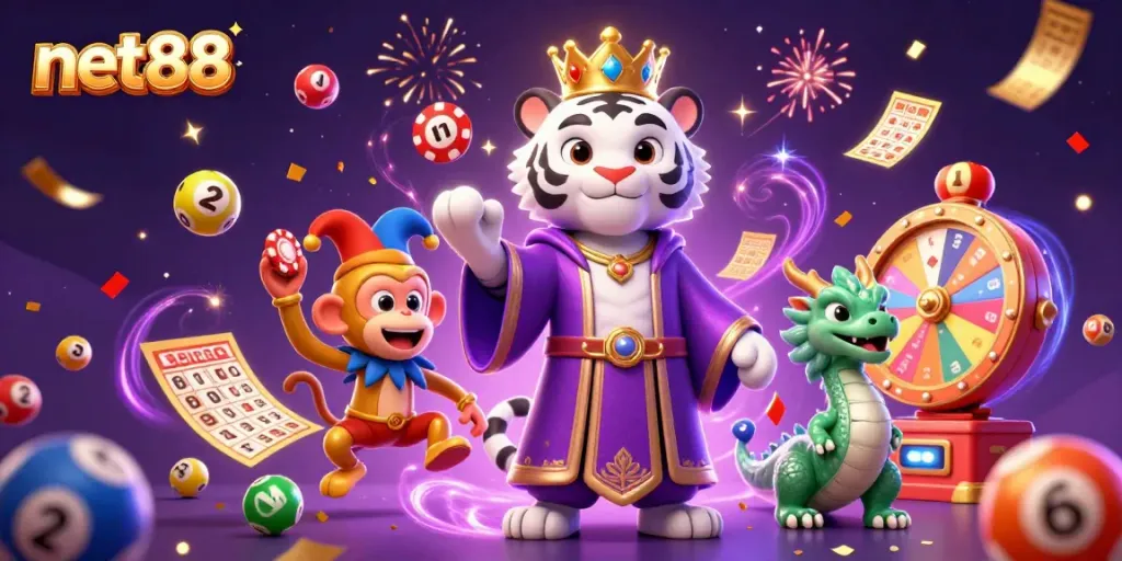 Experience exciting gambling action at net88 with vibrant characters and colorful slot game elements.