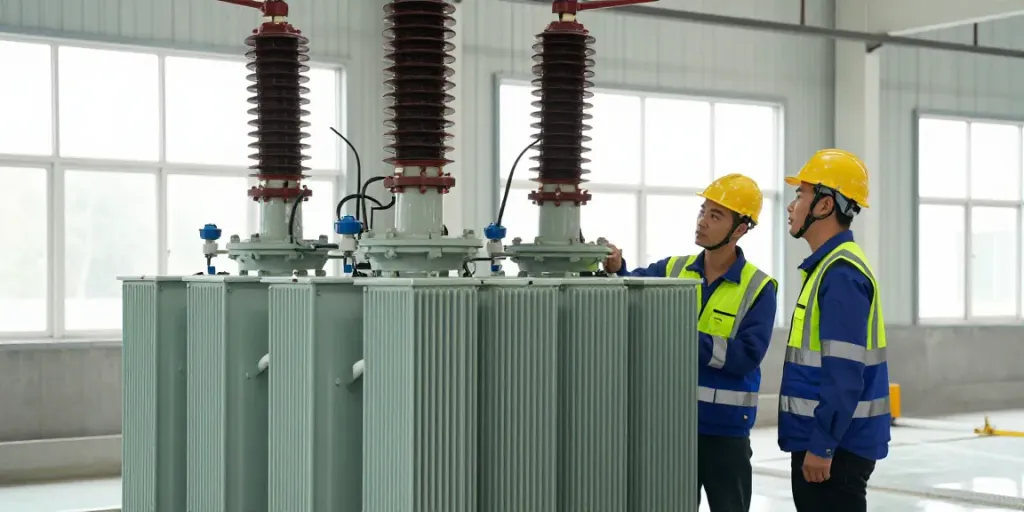 Een olie-ondergedompelde transformatorinspectie, olie-ondergedompelde vs. droge type transformator technologie in een industriële omgeving.