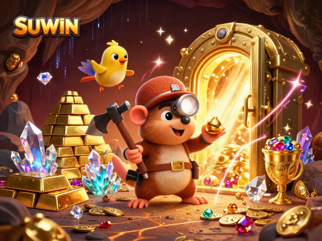 Suwin showcases a vibrant online casino adventure with a treasure hunter mole and gems bursting in a magical atmosphere.