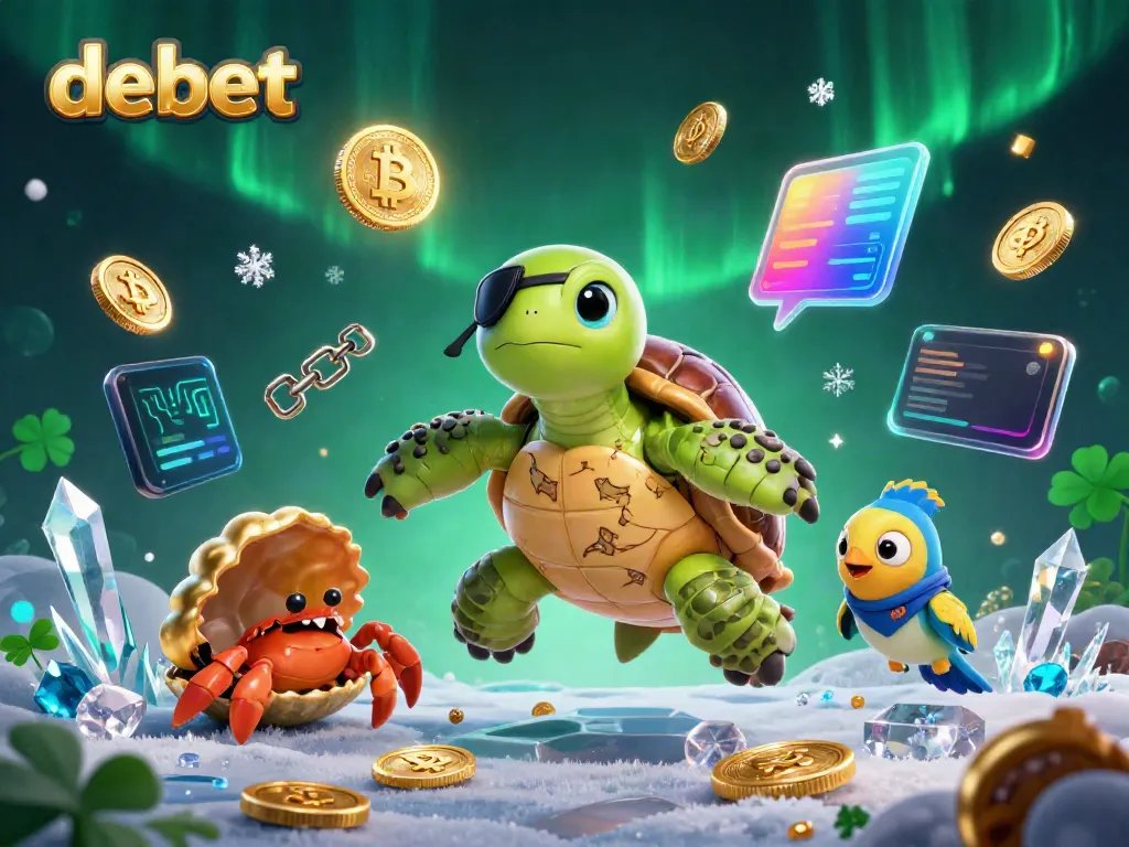 Experience exciting gambling with debet's vibrant casino-themed illustration featuring animated characters and crypto elements.