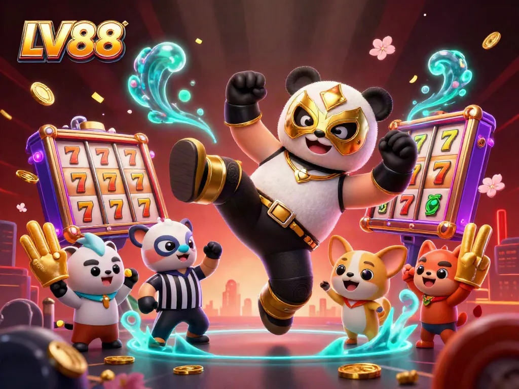 Experience the excitement of LV88 with a panda wrestler and casino elements in a vibrant scene.