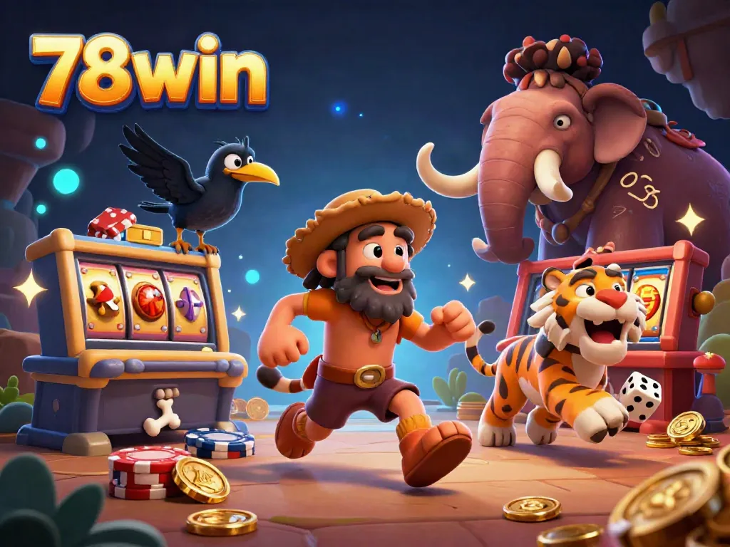 Visualize 78win's vibrant prehistoric casino with caveman and sabertooth tiger characters amidst slots and jackpot reels.