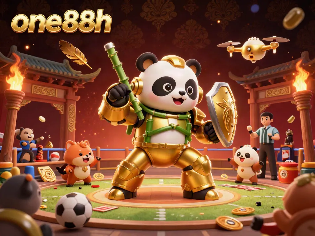 Engage with one88h's vibrant sports betting arena featuring a golden panda and stunning visuals.