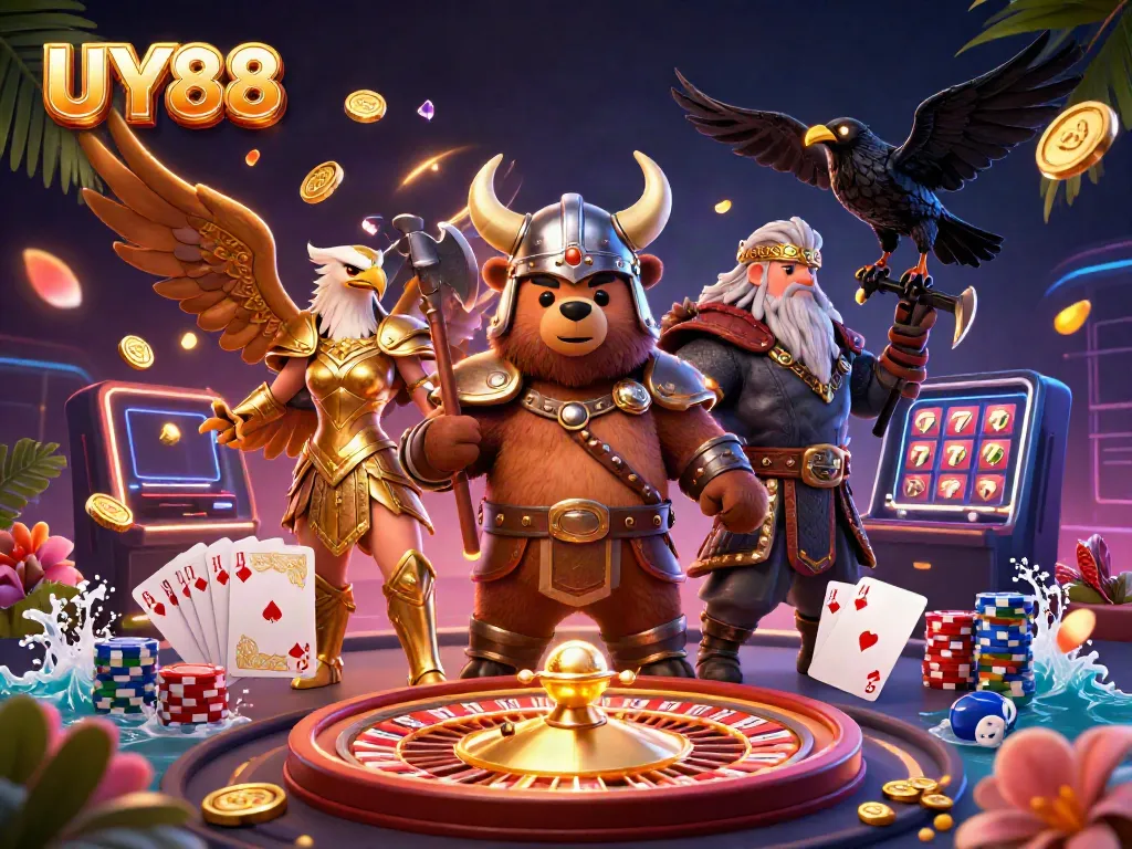Experience the thrilling excitement of UY88 in a vibrant casino scene with a Viking bear, Valkyrie eagle, and dynamic game elements.