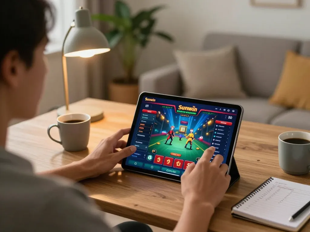 Player engaging with the Sunwin app on a tablet in a cozy home environment, showcasing strategic online gaming.