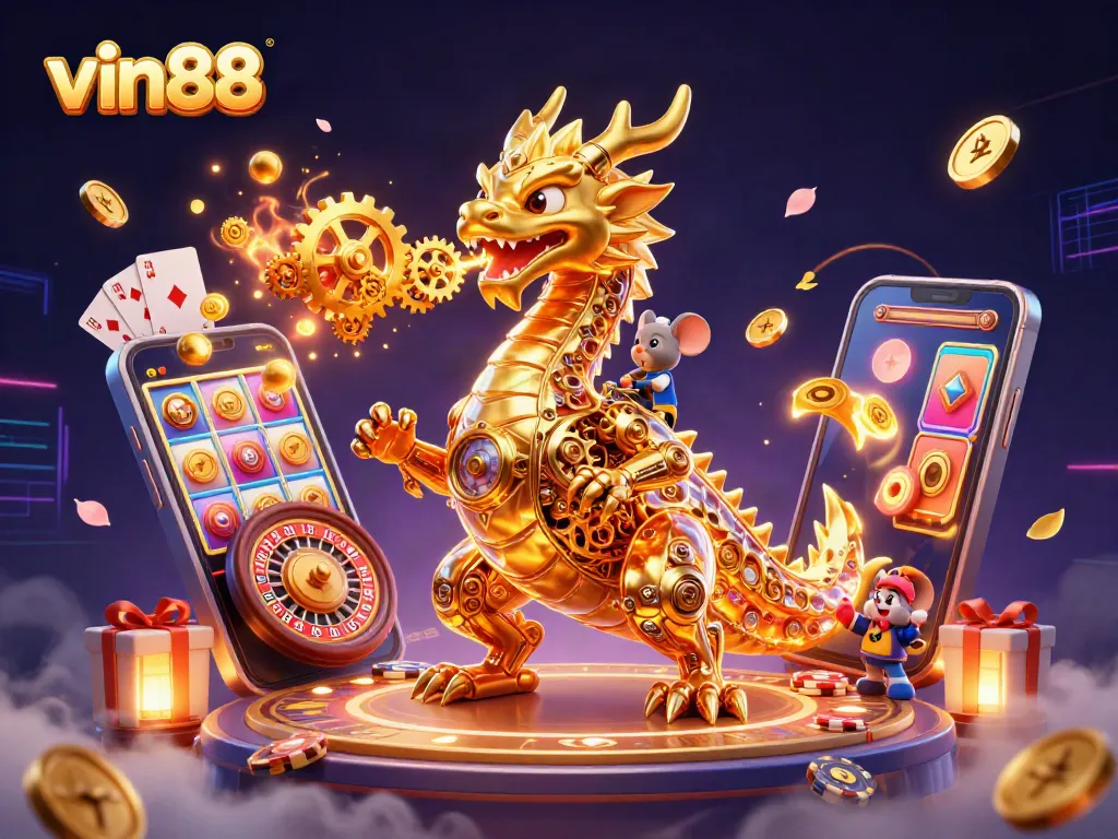 Experience thrilling games at vin88 with a golden dragon and dynamic casino elements.