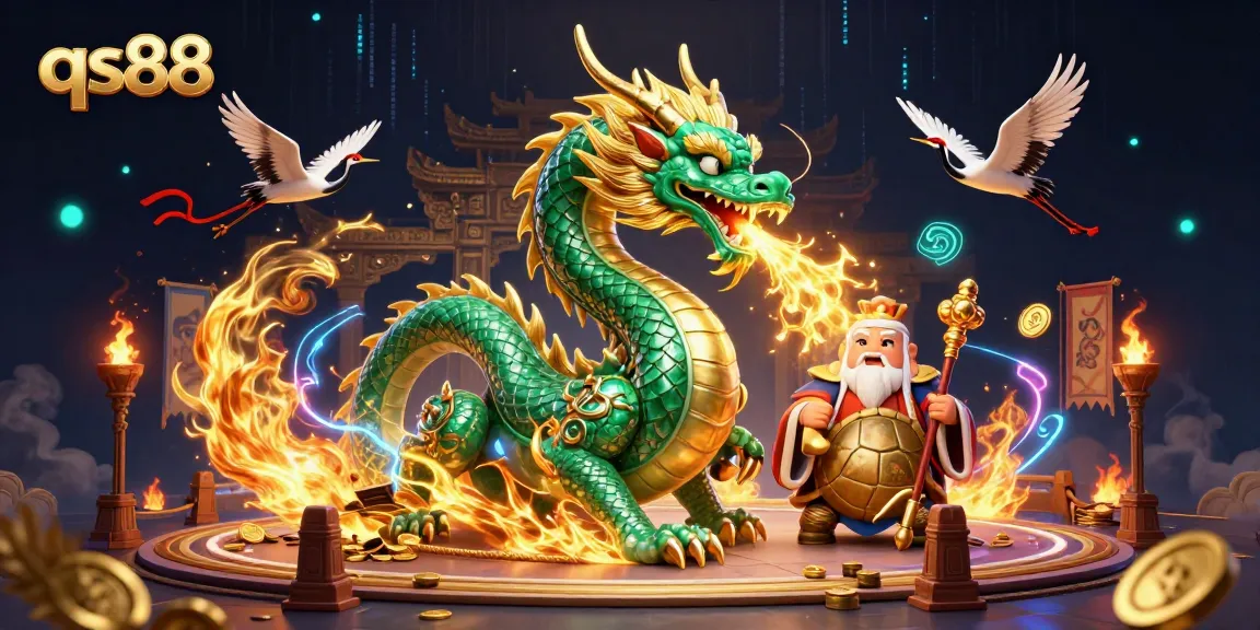 qs88 vòng quay sòng bạc với rồng ngọc lục bảo và rùa khôn ngoan, biểu tượng may mắn