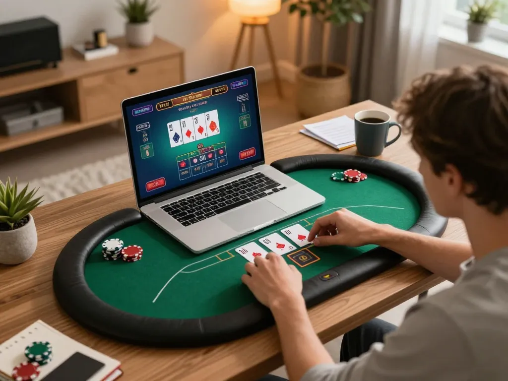 Engaging with w 88 online casino gameplay at home, showcasing laptop screen and cozy atmosphere