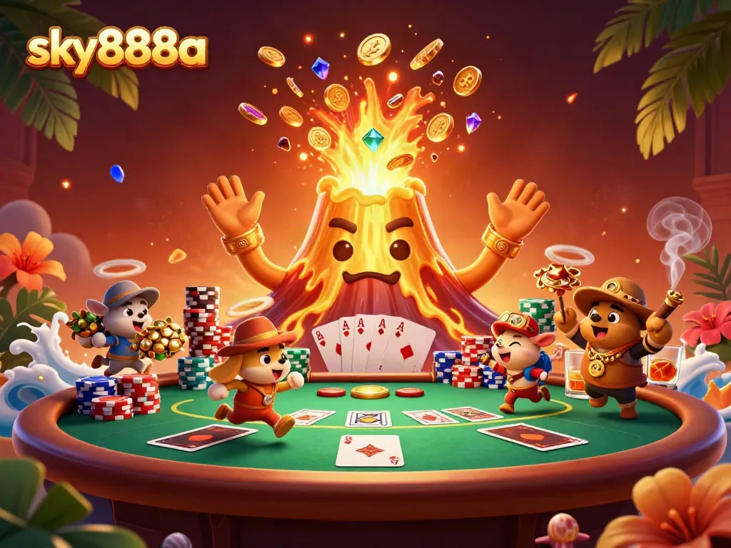 Experience explosive wins at sky888a with a golden volcano erupting treasures amid vibrant casino elements.