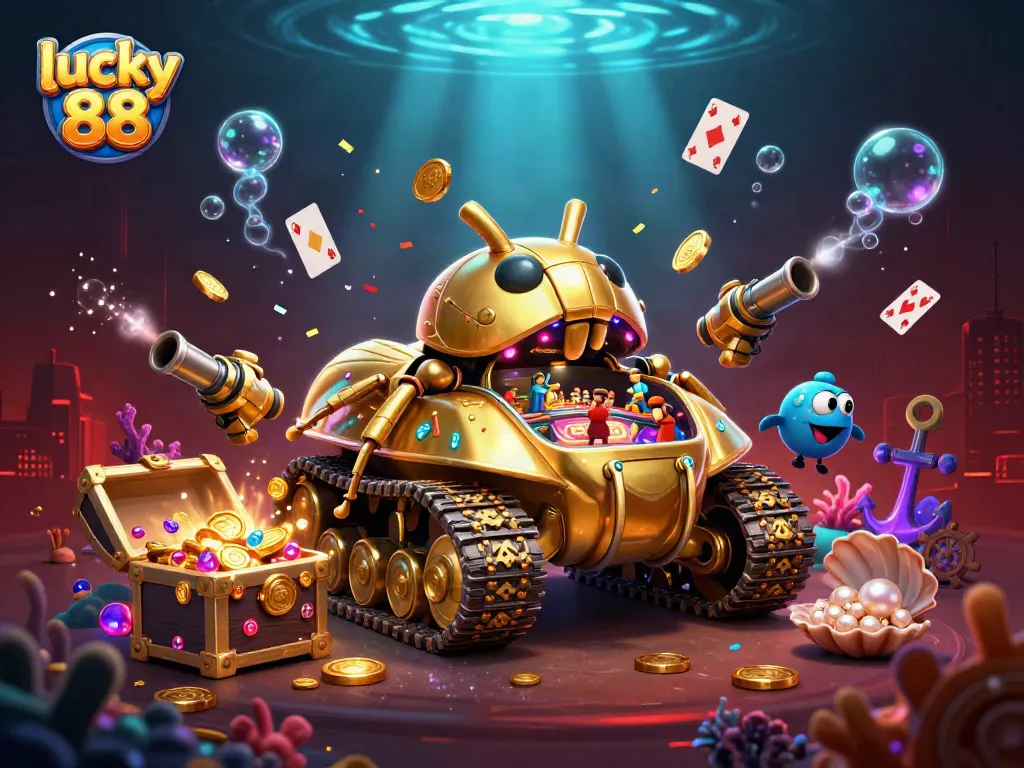 Experience the excitement of lucky 88 in this vibrant 3D casino tank scene filled with treasure and confetti.