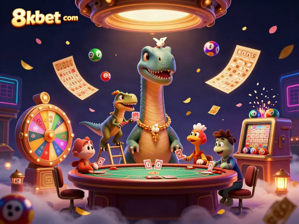 Experience thrilling moments with 8xbet com in this vibrant casino scene featuring a massive brontosaurus and dynamic game elements.