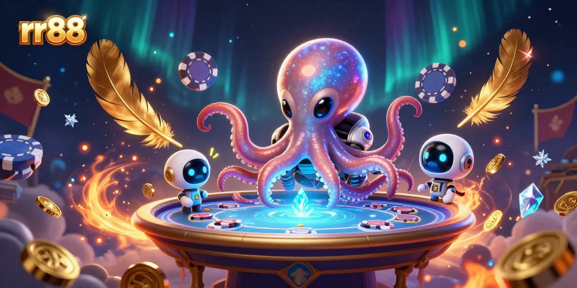 Engage in thrilling gaming at rr88 with an alien octopus and holographic poker table surrounded by cosmic elements.