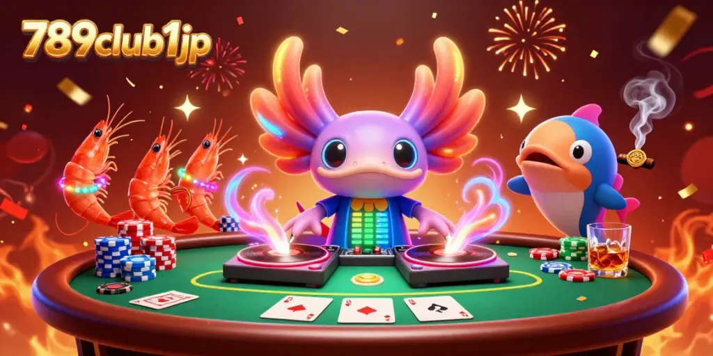 Experience excitement with 789club1jp's vibrant casino illustration featuring lively characters.