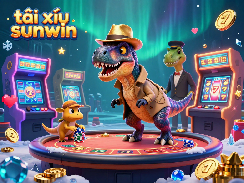 Engage in tài xỉu sunwin with a dynamic casino scene featuring cartoon characters and vibrant game elements.