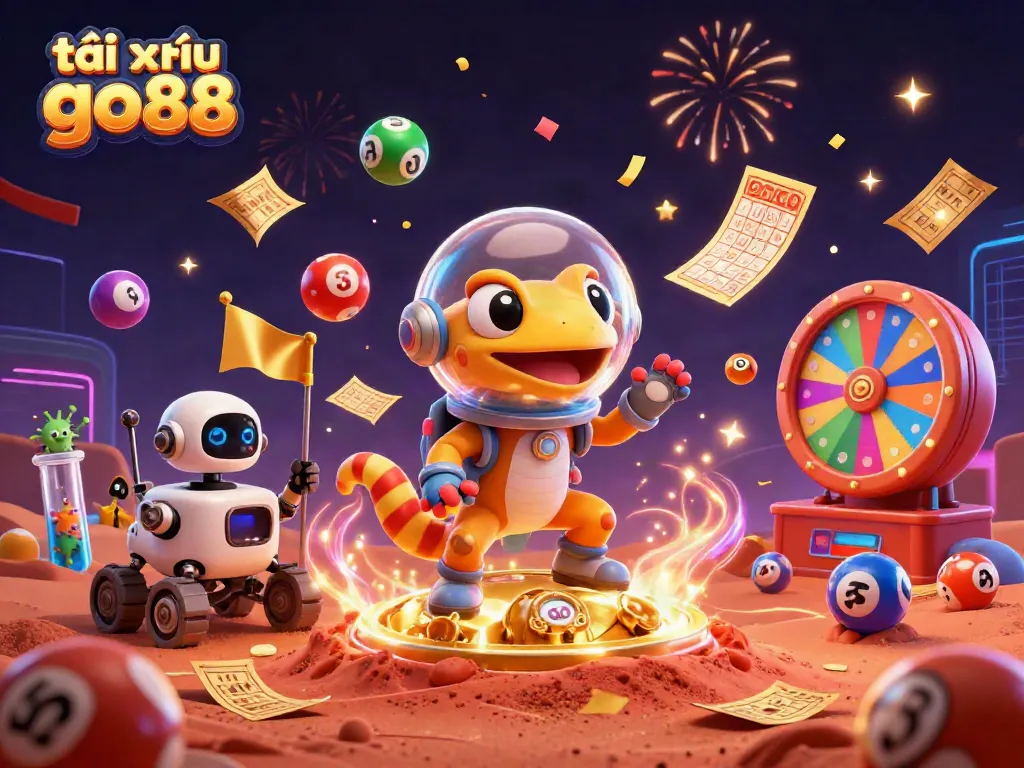 Experience the excitement of tài xỉu go88 with a Martian gecko and alien cheers in a vibrant casino