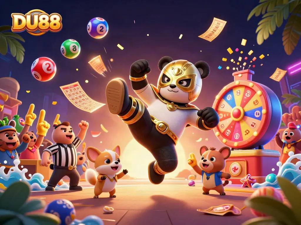 Engage in gaming at DU88 with vibrant visuals, enjoying thrilling lottery action and mascot excitement.
