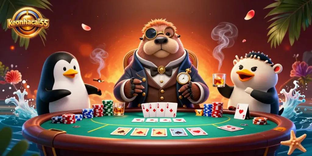 Immerse in keonhacai55's underwater poker scene featuring a walrus, dealer penguin, and bluffing pufferfish.