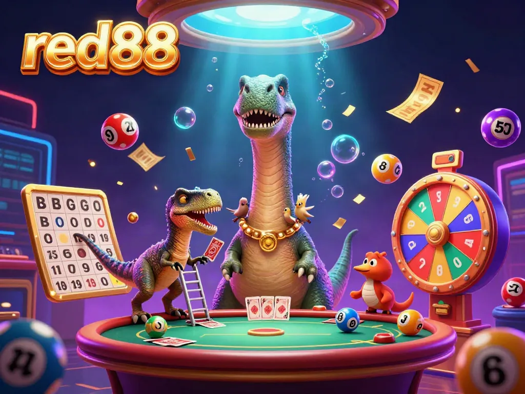 Experience the excitement of red88 with a vibrant 3D digital illustration showcasing an animated casino scene filled with colorful lottery elements.