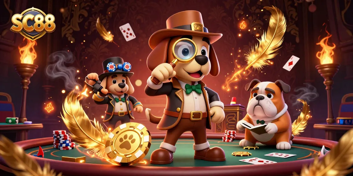 SC88 reveals poker secrets with a cartoon detective examining a golden chip clue amidst dynamic elements.
