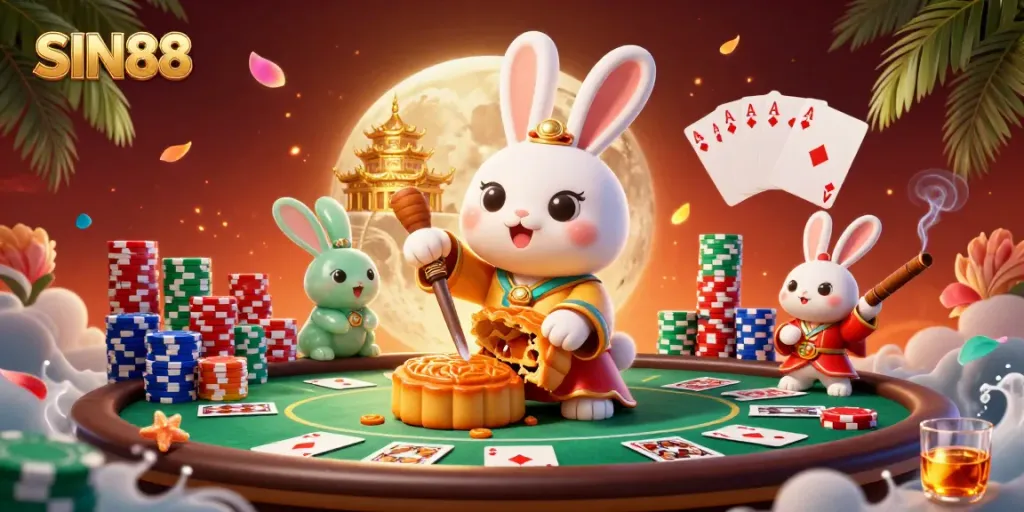 Experience the thrill of SIN88 with a vibrant casino scene featuring a moon rabbit and poker elements.