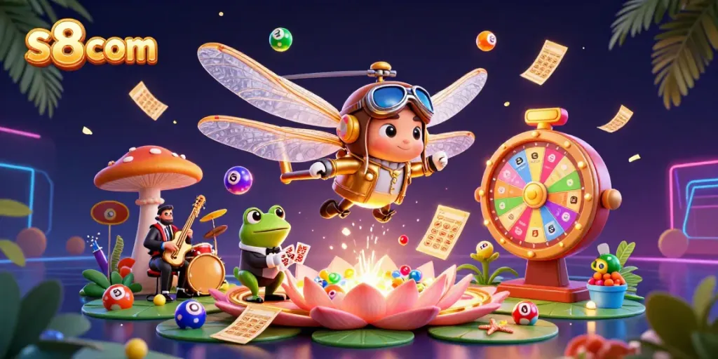 Engage in thrilling games at s8 com with colorful lottery balls and vibrant casino elements.