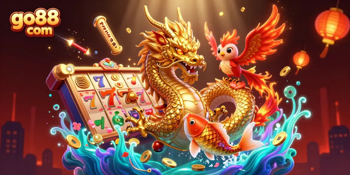 Experience thrilling wins with go88 com in this vibrant 3D casino illustration featuring a dragon and winning symbols.