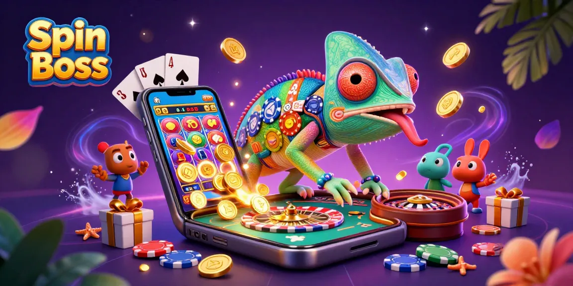 Spin Boss chameleon owner at a vibrant casino scene, filled with slots, poker, and gold.